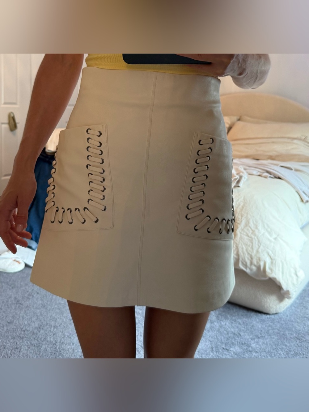 H&M Cream Lace-Up Pocket Leather Mini Skirt
